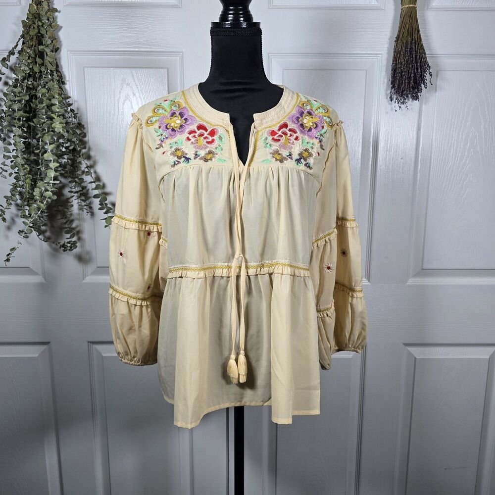 See And Be Seen Blouse Womens Large Floral Embroidery Boho Babydoll Cottagecore